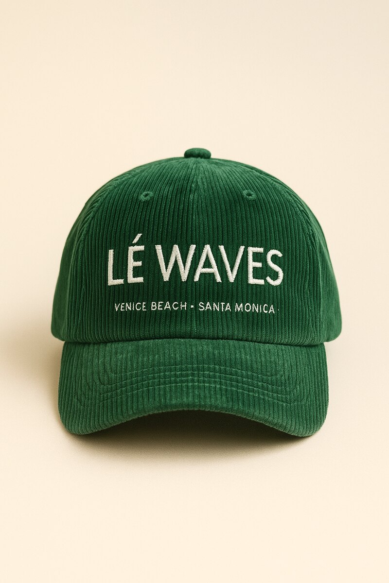 LÉ WAVES forest-green corduroy cap with cream embroidery