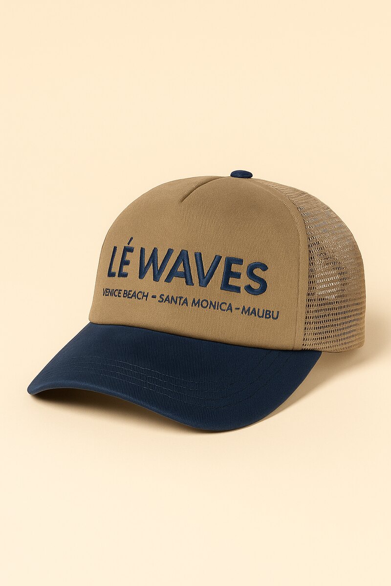 LÉ WAVES khaki and navy trucker cap with navy embroidery and mesh back
