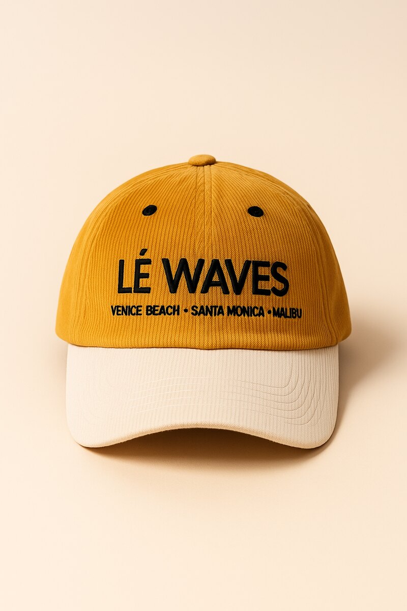LÉ WAVES mustard and cream two-tone corduroy cap with black embroidery