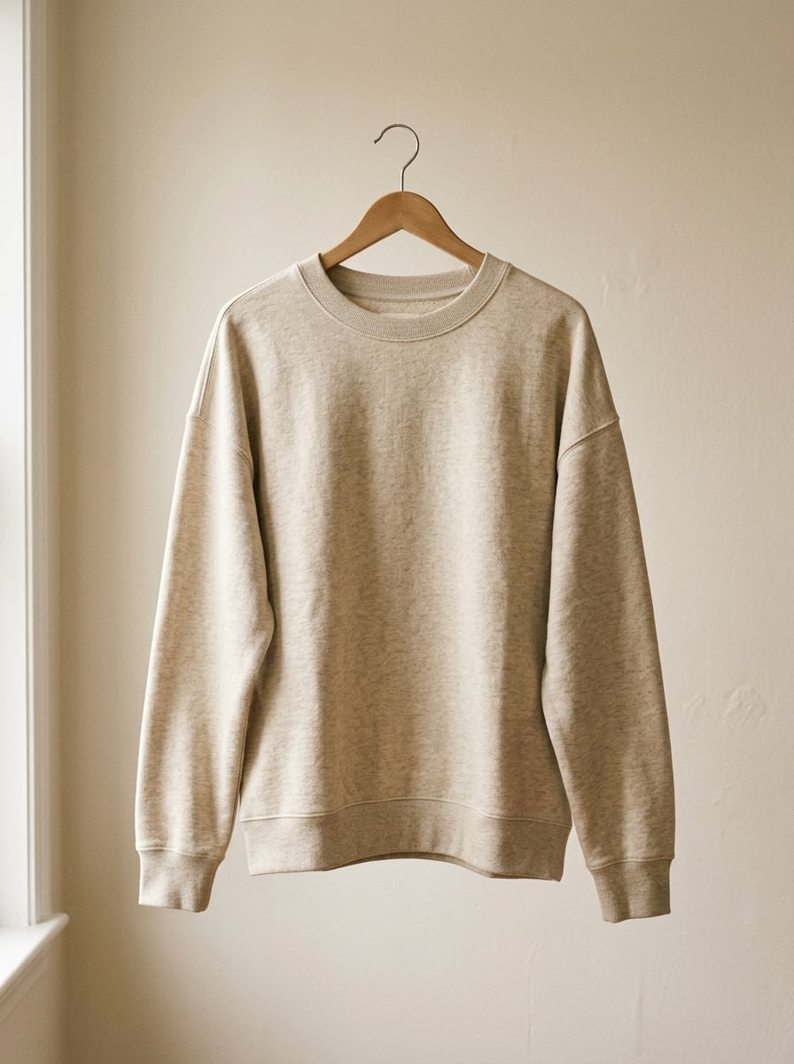 Premium oatmeal hoodie concept hanging on a wooden hanger