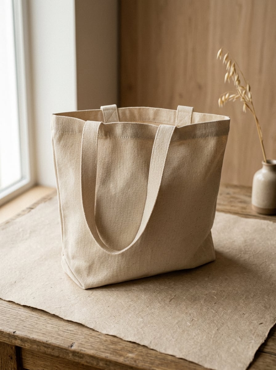 Natural canvas tote bag concept on a warm neutral surface